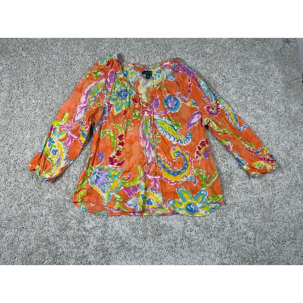 Lauren Ralph Lauren L Orange Paisley Floral Cotton Peasant Boho Blouse Top